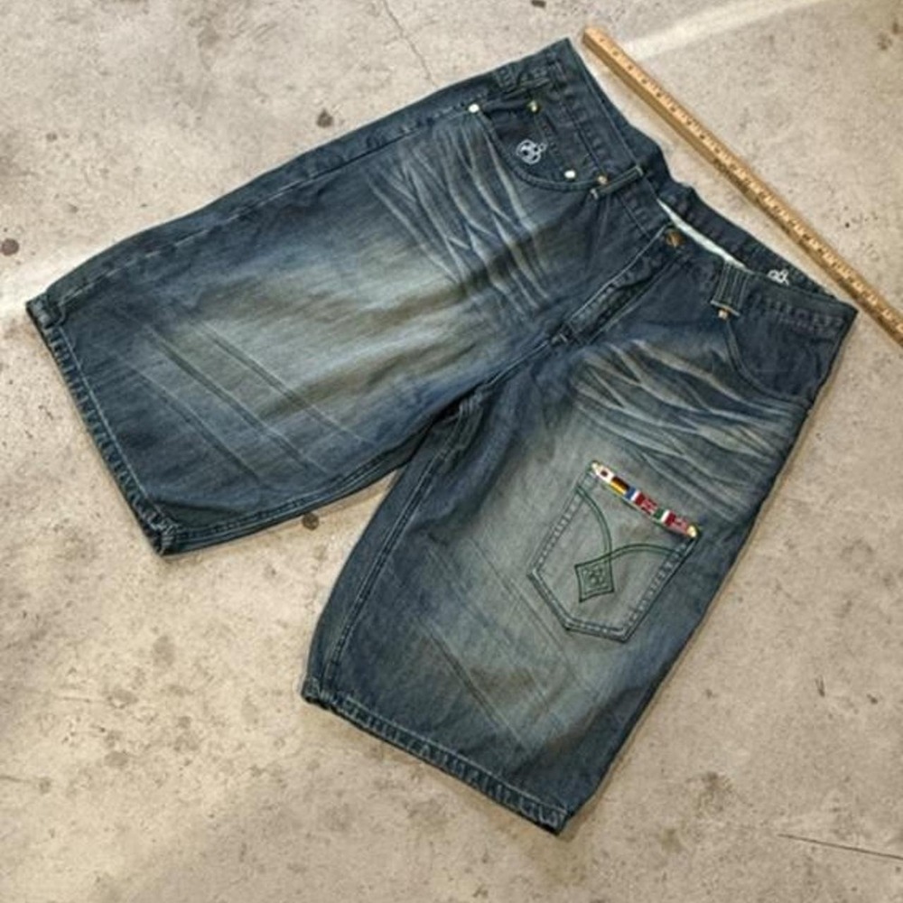 Eight 8 Denim Shorts Men's 42 Blue Distressed Flag Pocket Y2K Streetwear